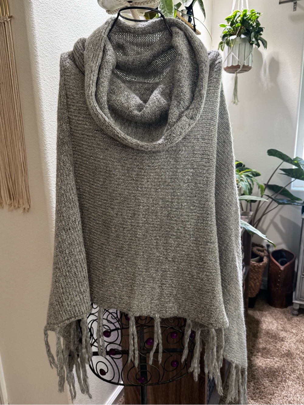 Bass Gray Cowl Neck Fringe Poncho